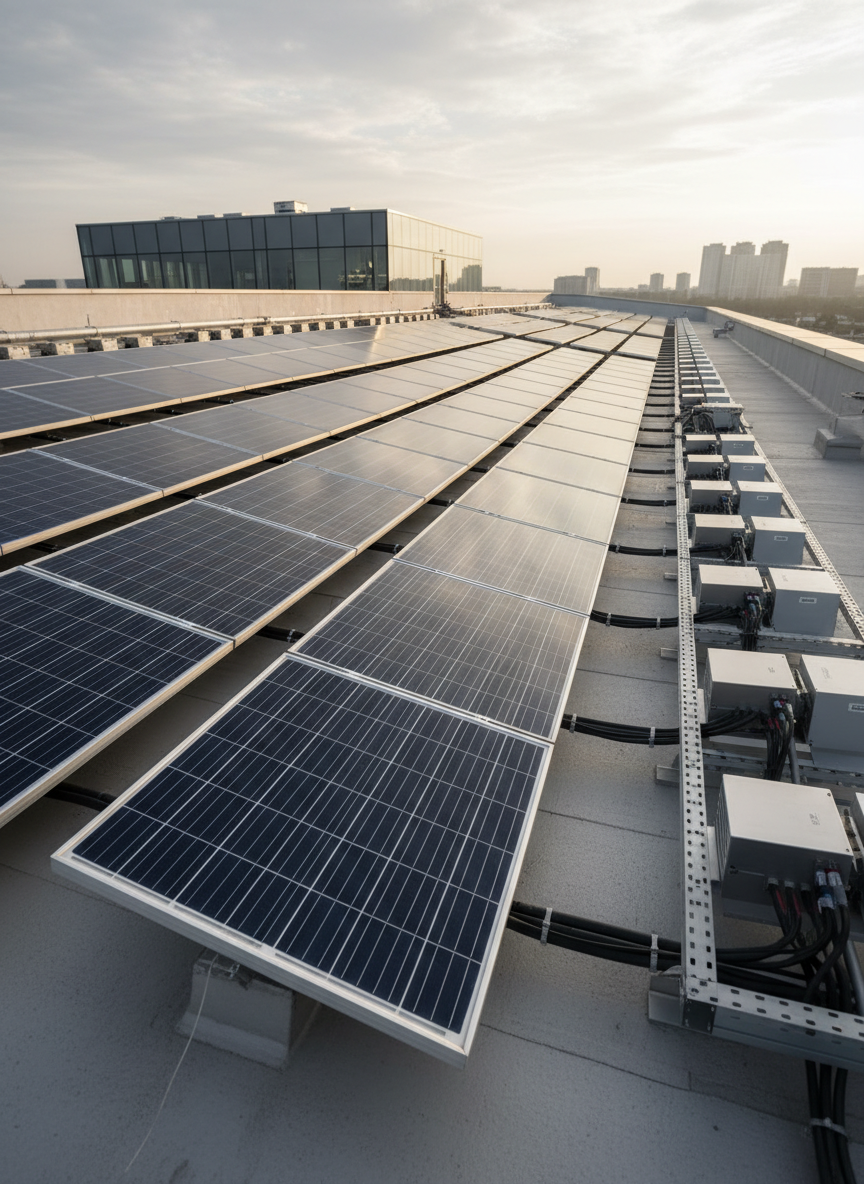 A sleek, high-efficiency photovoltaic installation on the flat roof of a contemporary building, featuring rows of deep-blue, glassy solar panels with aluminum frames aligned in perfect symmetry. The panels reflect a soft, pale sky, while cable ducts and inverters are neatly organized along the roof edge. Gentle late-afternoon natural light creates subtle highlights along the panel edges and soft shadows between rows, enhancing the sense of depth and precision. Shot from a low, diagonal angle across the panel surface, the composition follows the rule of thirds with strong leading lines that draw the eye toward the horizon. The atmosphere is innovative and sustainable, with a clean, modern, photographic style and a neutral, corporate color palette of blues, greys, and whites.