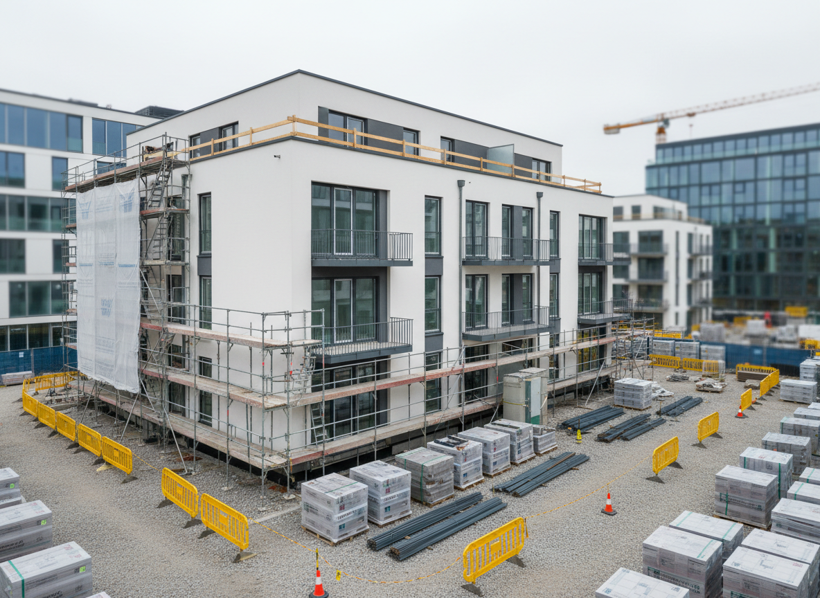 A modern construction project overview of a clean, partially completed residential building with crisp white façades and charcoal-grey accents, surrounded by neatly organized scaffolding and stacked construction materials. The site is immaculate, with clearly defined pathways and safety barriers, emphasizing professionalism and order. Soft overcast daylight creates even, diffused illumination with minimal harsh shadows, highlighting clean lines and precise workmanship. Captured from a slightly elevated, wide-angle perspective, the composition uses a balanced, corporate aesthetic with strong horizontal and vertical lines. Background elements fade into a subtle blur to focus on the building’s structure. The mood is controlled, efficient, and trustworthy, rendered in photographic realism with neutral tones and a structured, minimal layout suitable for a corporate construction homepage hero image.