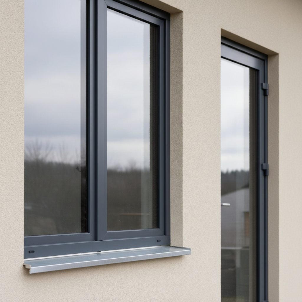 A detailed close-up of premium aluminium-framed windows and doors installed in a newly renovated façade, featuring anthracite-grey frames set into a smooth, light-beige insulating plaster wall. The joints are impeccably sealed, with neat silicone lines and precision-fitted drip edges. Reflections in the glass show a softly blurred neutral sky, reinforcing the clean aesthetic. Gentle, diffused daylight from an overcast sky ensures even lighting, with subtle highlights along the metal edges and delicate shadows in the recesses of the frames. Captured from a slightly angled, chest-height perspective, the composition emphasizes the perfect alignment of frames and the intersection of vertical and horizontal lines. The mood is solid, precise, and trustworthy, with photographic realism and a restrained, professional color palette suitable for an infissi and façade quality detail shot.