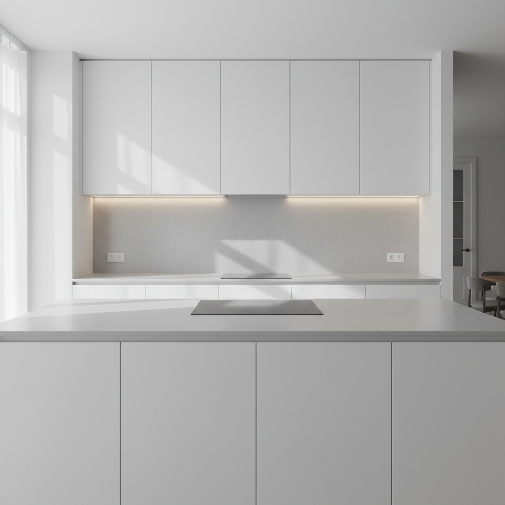 An elegant, minimalist kitchen interior designed with construction-level precision, featuring matte white handleless cabinets, a continuous light-grey quartz countertop, and a central island with integrated induction cooktop. The backsplash is a large-format porcelain slab with a subtle stone texture, perfectly aligned joints, and clean, sharp edges. Under-cabinet LED lighting casts a soft, linear glow onto the counter, while diffused daylight from an unseen window brightens the space, creating gentle, controlled shadows. Shot at eye level with a slightly wide lens, the composition emphasizes symmetry and order, with straight verticals and horizontals. A shallow depth of field keeps the foreground elements sharp while the far background softly blurs. The mood is refined, efficient, and professional, embodying a photographic realism and corporate aesthetic ideal for showcasing custom kitchen builds.