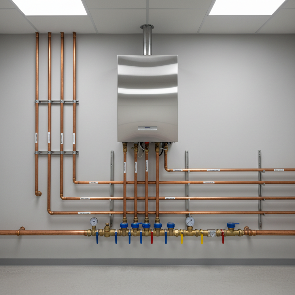A technically detailed mechanical room dedicated to a high-efficiency heating system, showcasing a pristine wall-mounted condensing boiler, neatly labeled copper and multilayer pipes, and an orderly manifold with colored valves. The pipes are arranged in parallel, with perfect right-angle bends and secure mounting brackets. The surrounding walls are clean, painted in a neutral light grey, with a smooth concrete floor free of clutter. Cool, bright artificial lighting from overhead LED panels evenly illuminates the space, minimizing shadows and emphasizing the clarity of each component. Photographed straight-on at eye level, the composition is symmetrical and structured, focusing on the system’s order and engineering quality. The atmosphere is technical, reliable, and professional, rendered in sharp photographic realism with a corporate, clean-lined aesthetic ideal for highlighting heating and plant installations.